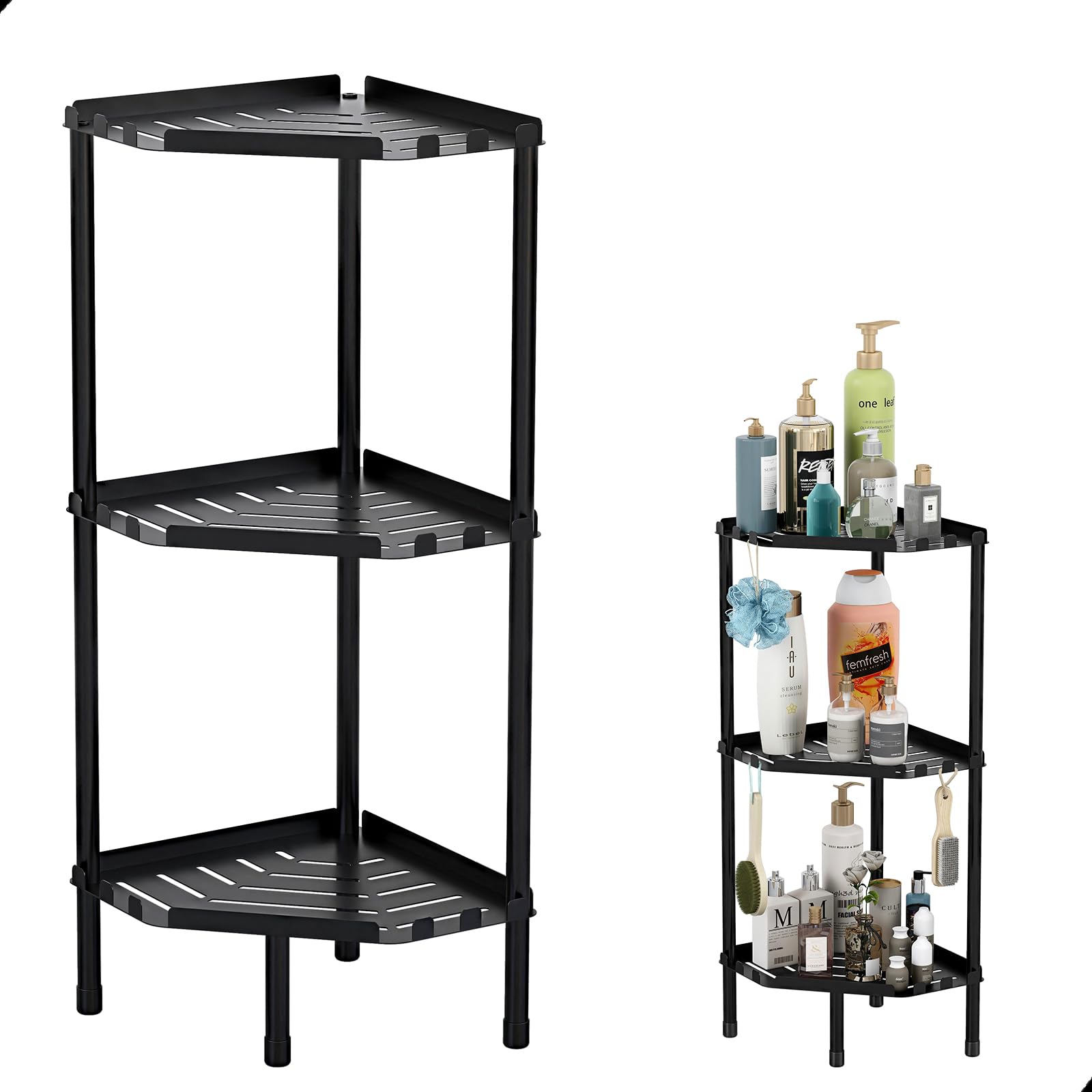 Corner Shower Caddy Standing, 3 Tier Shower Organizer Stand with 18 Hooks for Bathroom, Metal Corner Shower Shelf for Inside Shower, Bathtub, Floor Shower Shelves Rack Hang Towels, Matte Black