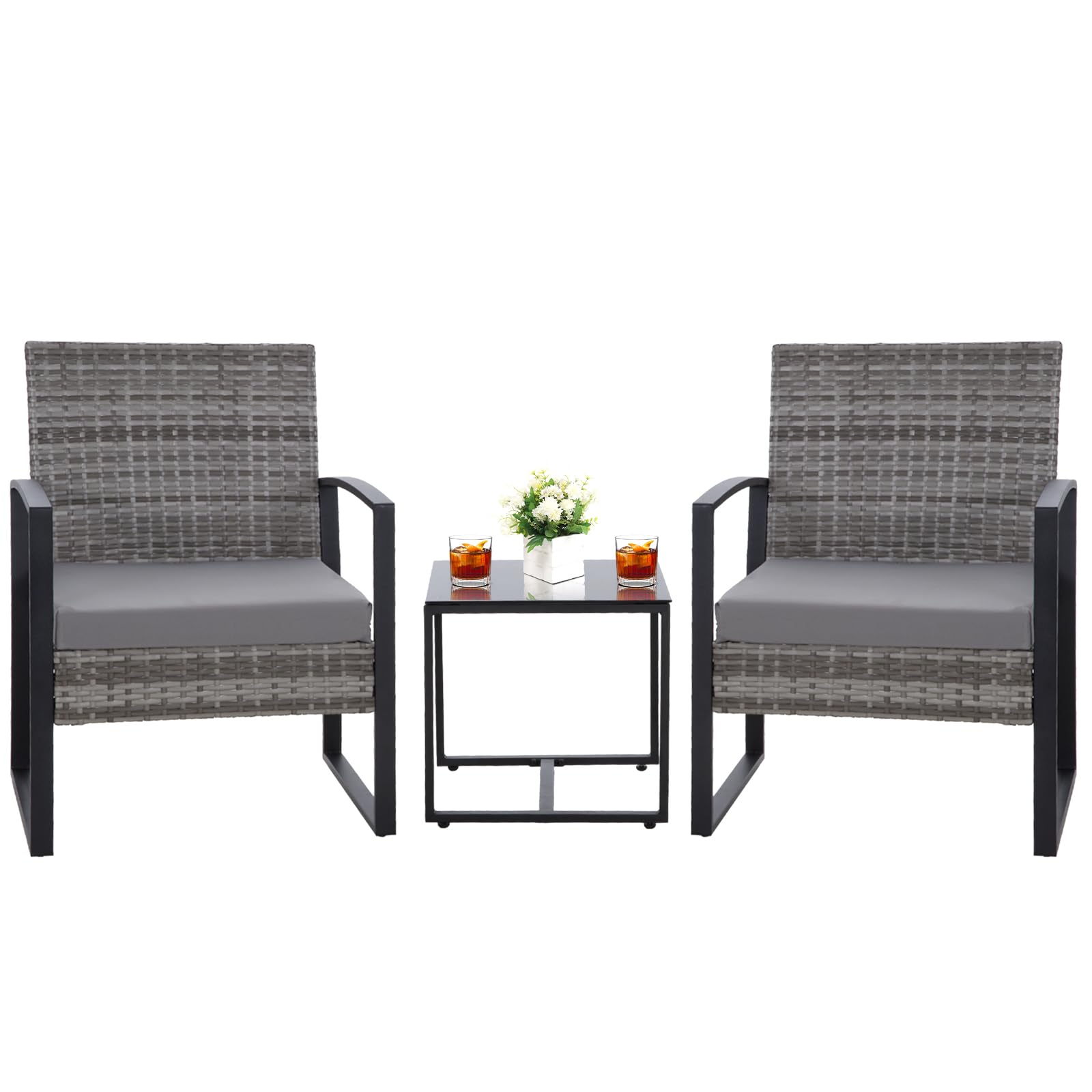 HYDRAGARDEN 3PCS Patio Furniture Set, Outdoor Wicker Bistro Conversation Set with Padded Cushions & Glass Table, Garden Rattan Chair Set for Porch Balcony Backyard (Plus Grey Wicker & Grey Cushions)