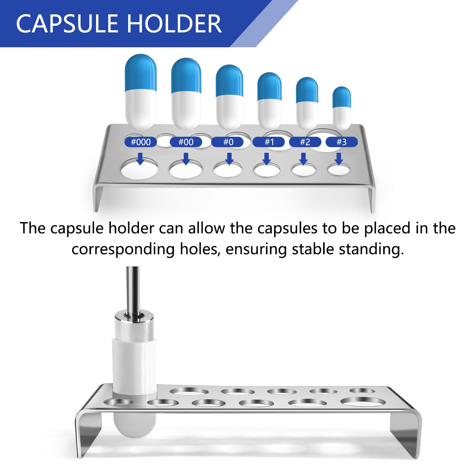 Artcome 15 PCS Capsule Filling Kit for Pill Filler - Lab Scoops, Powder Pan, Herb Tamper and Capsule Holder - Herb Powder Tamper Tools for Medication and Supplements - All Sizes 000 00 0 1 2 3 4 5