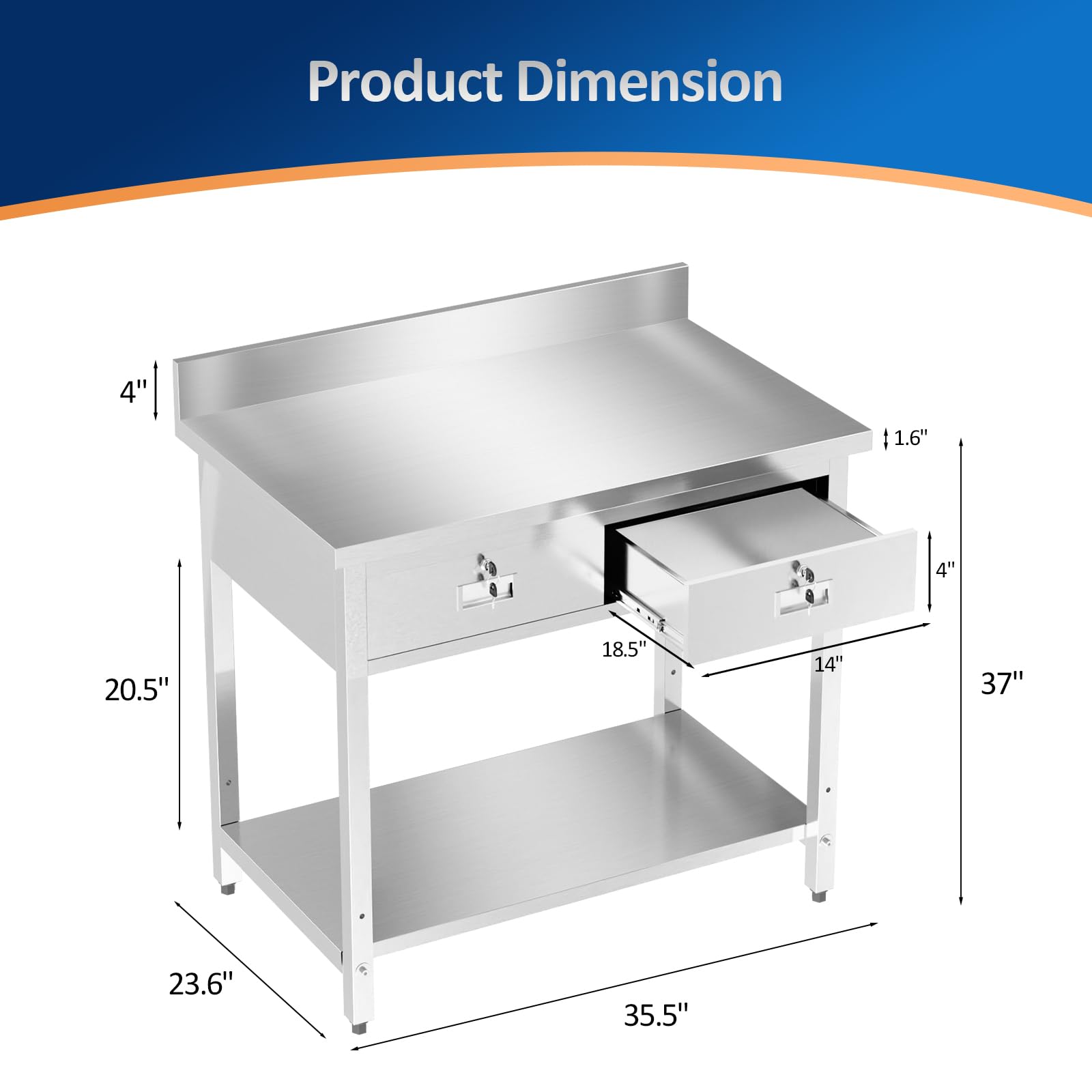 ROVSUN 36 x 24 Inches Stainless Steel Table with 2 Drawers, Heavy Duty Metal Prep & Work Table with Undershelf for Commercial Kitchen, Restaurant, Home,Hotel and Garage