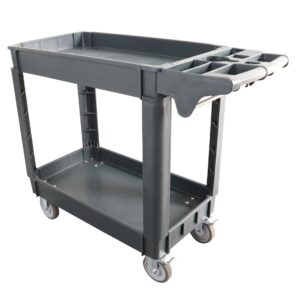 HIGOOD Utility Service Cart, 2-Shelf 500LBS Heavy Duty Plastic Rolling Utility Cart with 360° Swivel Wheels, Lipped Shelves, Ergonomic Storage Handle for Warehouse/Garage