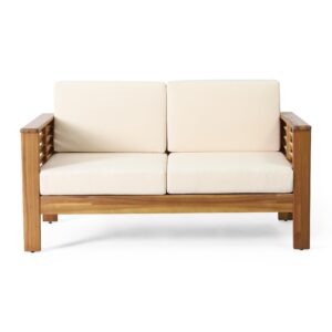 Christopher Knight Home Louver Outdoor Acacia Wood Loveseat and Coffee Table Set with Cushions, 40 "W x 20 "D x 13.75 "H, Teak + Cream