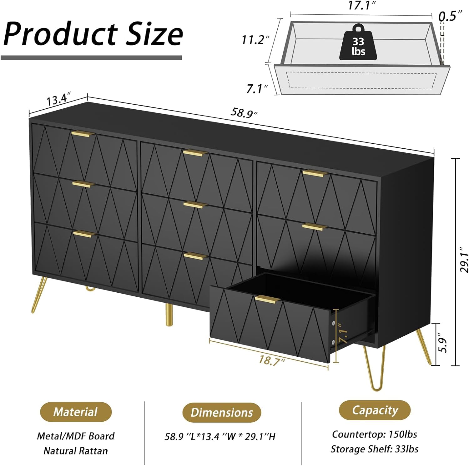 UEV Black Dresser for Bedroom,Modern 9 Drawer Triple Dresser with Gold Accents,Long Storage Dresser for TV Stand & Closet,Large Chest of Drawers for Living Room,Hallway,Entryway