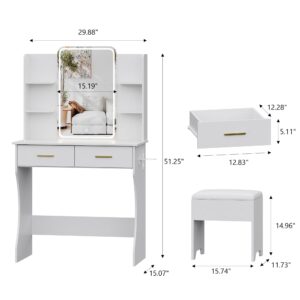 Small Vanity Desk with Mirror and Lights, Makeup Vanity Mirror with Lights Desk and Chair & 6 Shelves Compact White Vanity Mirror with RGB LED Lights 3 Lighting Adjustable Dressing Table for Women