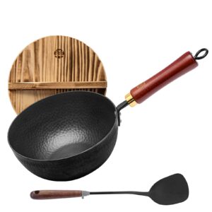 wangyuanji handmade cast iron wok,non-coated stir fry pan,8.6-inch iron pot with lid and spatula,suitable for home cooking, compatible with induction, gas, and electric ceramic cooktops