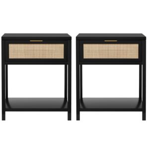 anmytek black nightstand set of 2, mid-century modern end table with storage drawer and open shelf, boho rattan bedside table, small side table for bedroom, dorm