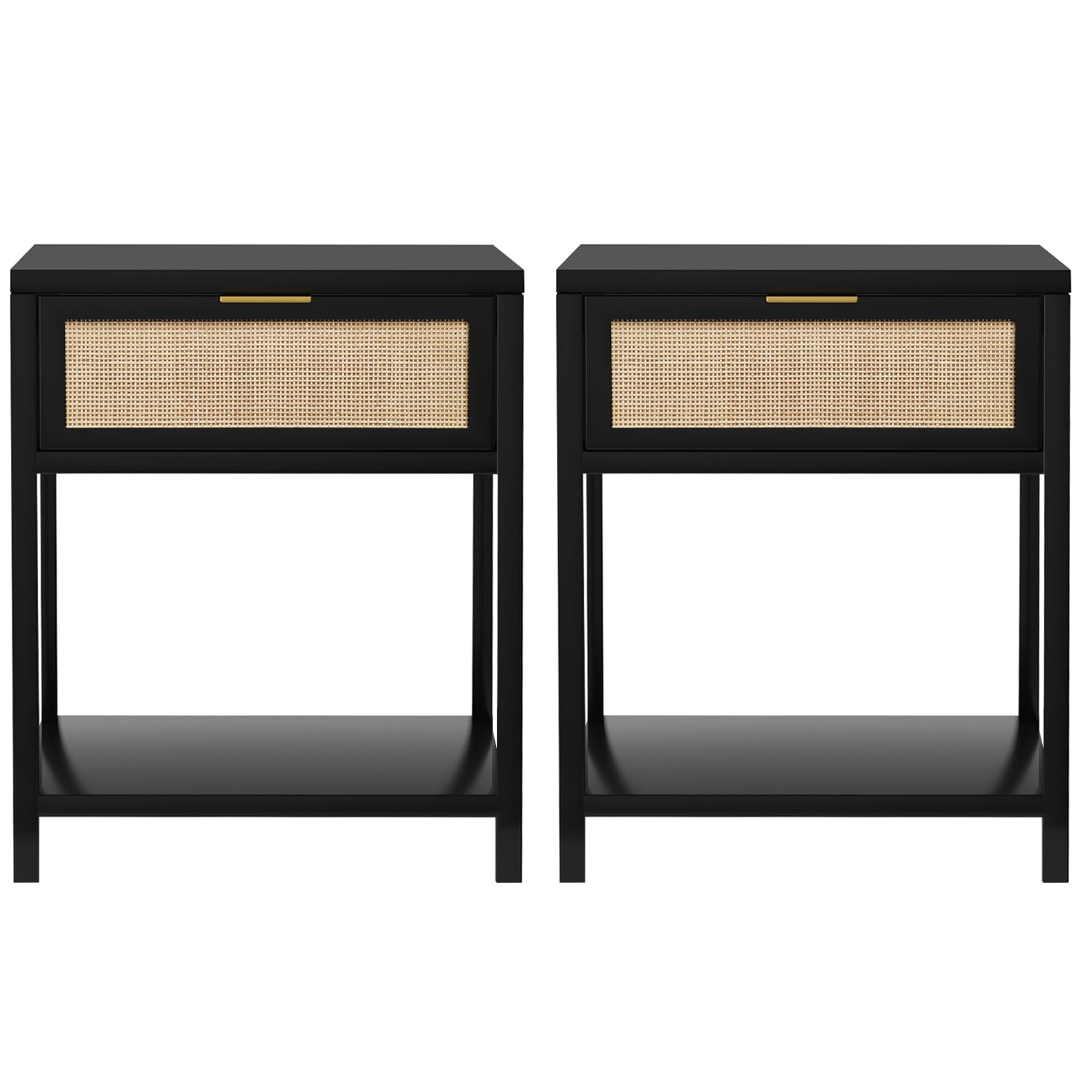 Anmytek Black Nightstand Set of 2, Mid-Century Modern End Table with Storage Drawer and Open Shelf, Boho Rattan Bedside Table, Small Side Table for Bedroom, Dorm