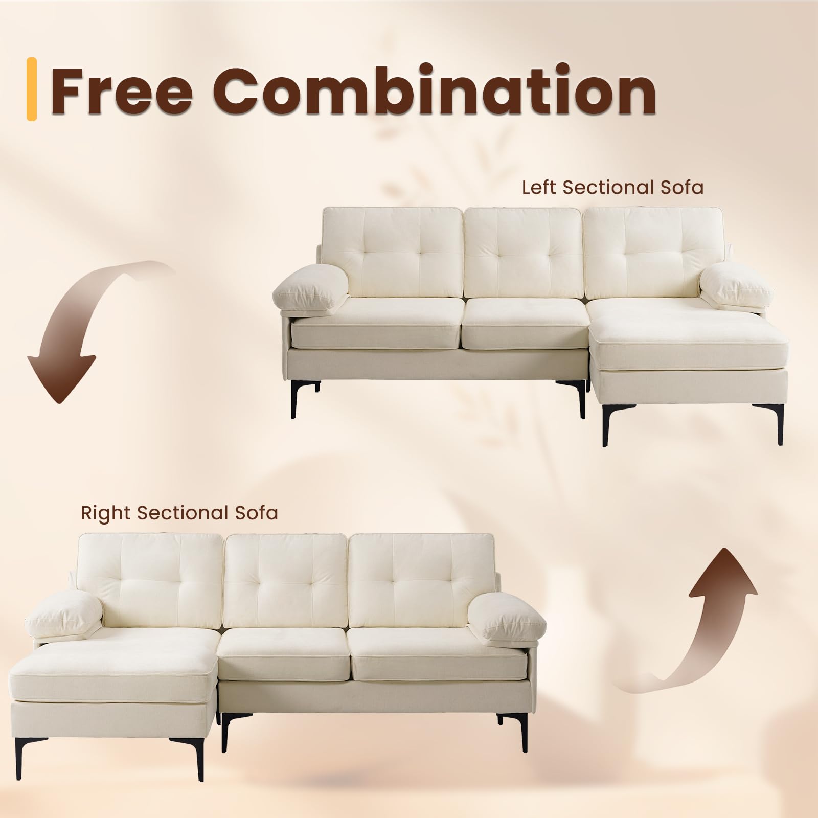 LANELIFE 83.07" W 3-Seat Sofa, L Shaped Reversible Sectional Sofa Bed,Extra Wide Convertible Chaise Lounge with Removable Cover, Chenille Couch for Living Room, Apartment and Small Space (White)