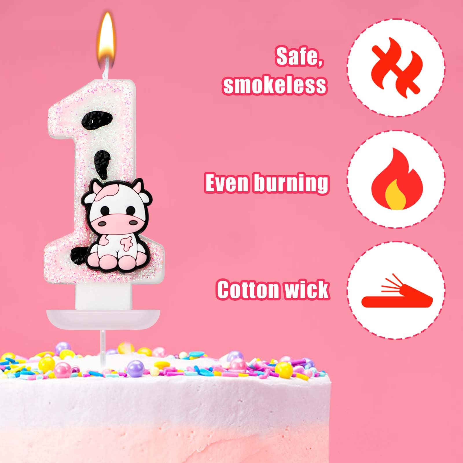 Cow Birthday Cake Candle, Pink Cow Sparkling Birthday Candle Cute Cow Print Number Candle Cake Topper Candle Birthday Cake Decorations Cow Print Birthday Decorations (1)