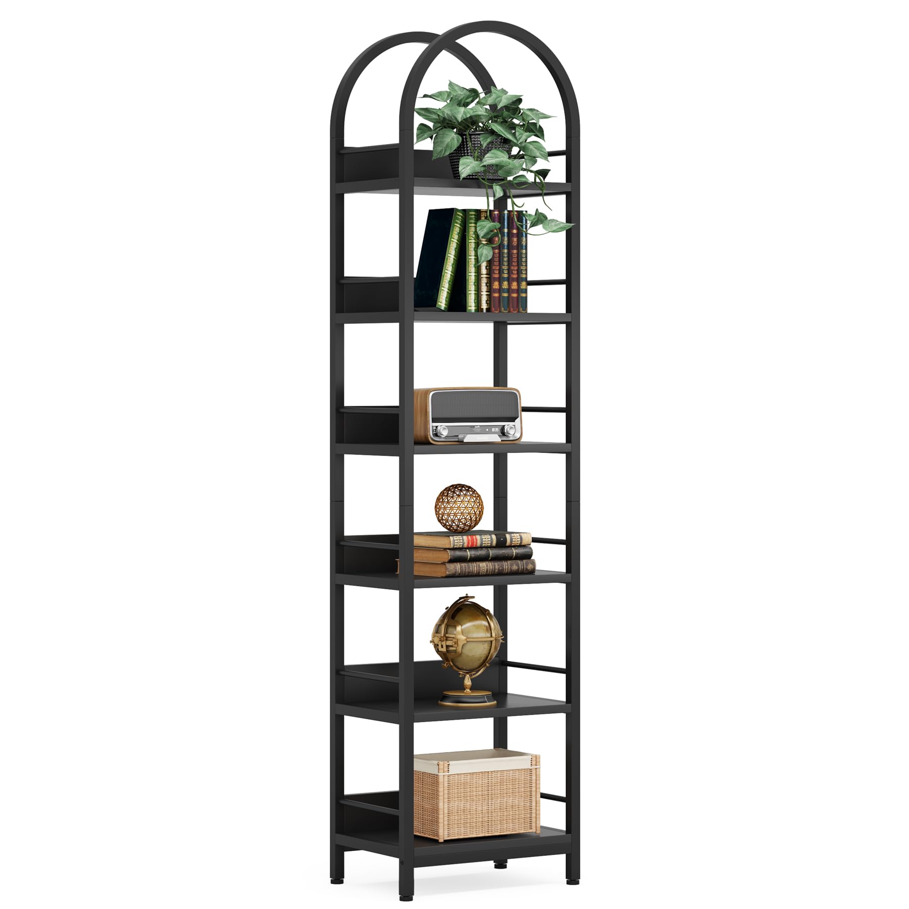 Tribesigns 78.7" Tall Bookshelf, Industrial Wood 6-Tier Bookcase, Arched Narrow Bookshelf, Ladder Shelf Storage Organizer, Display Shelf with Metal Frame for Bedroom, Living Room, Black