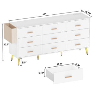 jiteentarou 9 Drawer Dresser for Bedroom, 63” Long Dresser with Charging Station, Modern Chest of Wide Drawers with Gold Handles & Storage Pocket, Wood Dresser for Kids Bedroom, Hallway, White