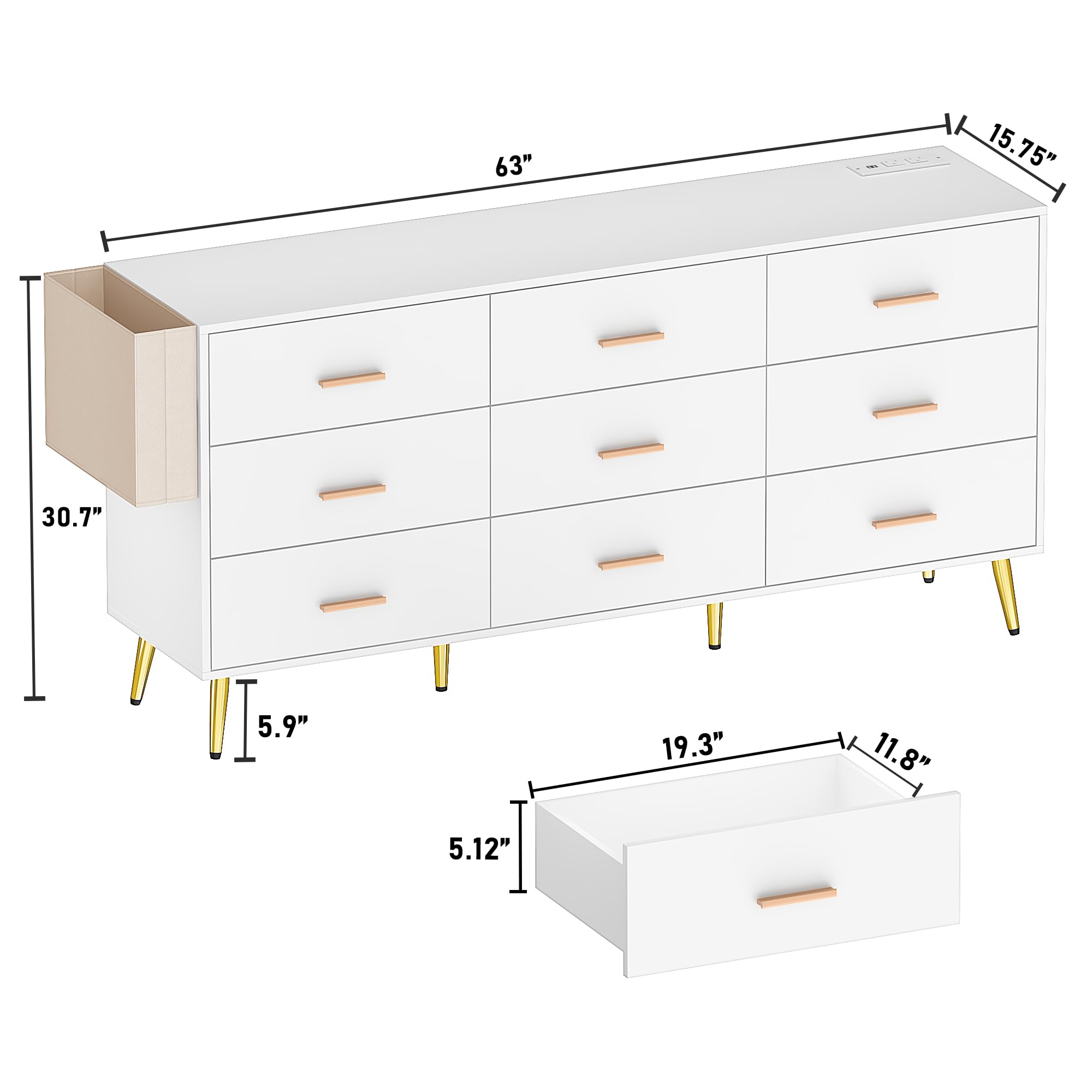 jiteentarou 9 Drawer Dresser for Bedroom, 63” Long Dresser with Charging Station, Modern Chest of Wide Drawers with Gold Handles & Storage Pocket, Wood Dresser for Kids Bedroom, Hallway, White