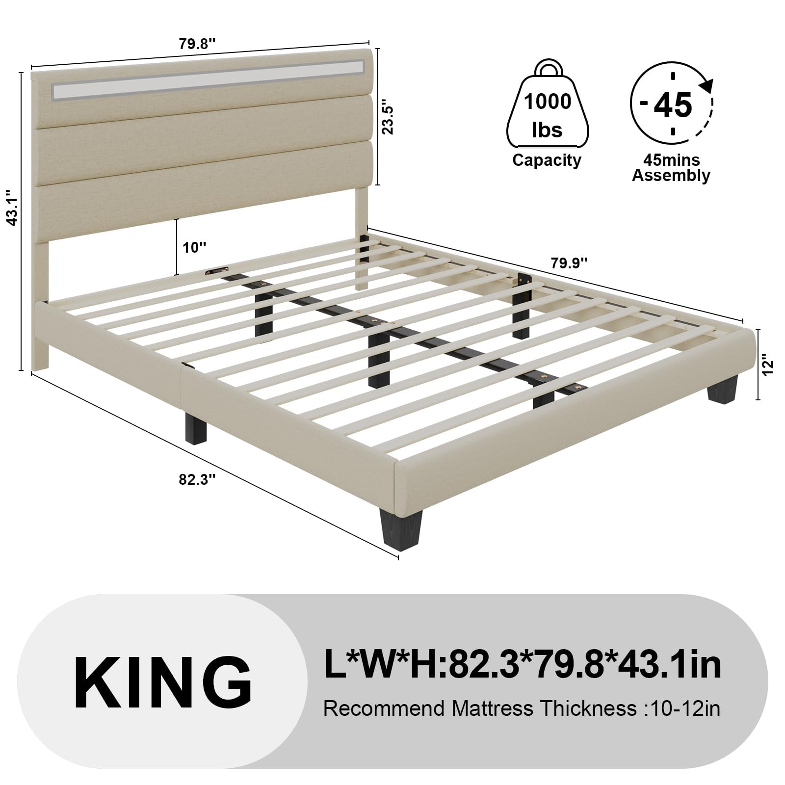 Kallabe King Size Bed Frame with LED Lights, Upholstered Bed Frame with Charging Station and Linen Fabric Tufted Headboard, Wood Slats Support, Noise-Free, Easy Assembly, No Box Spring Needed, Beige