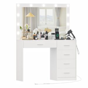 Irontar Vanity Desk with Charging Station, Makeup Table with Large Mirror, Makeup Vanity with Lights, Brightness Adjustable, Dressing Table Desk with 5 Drawers, Bedroom Vanity Table, White WDT010W