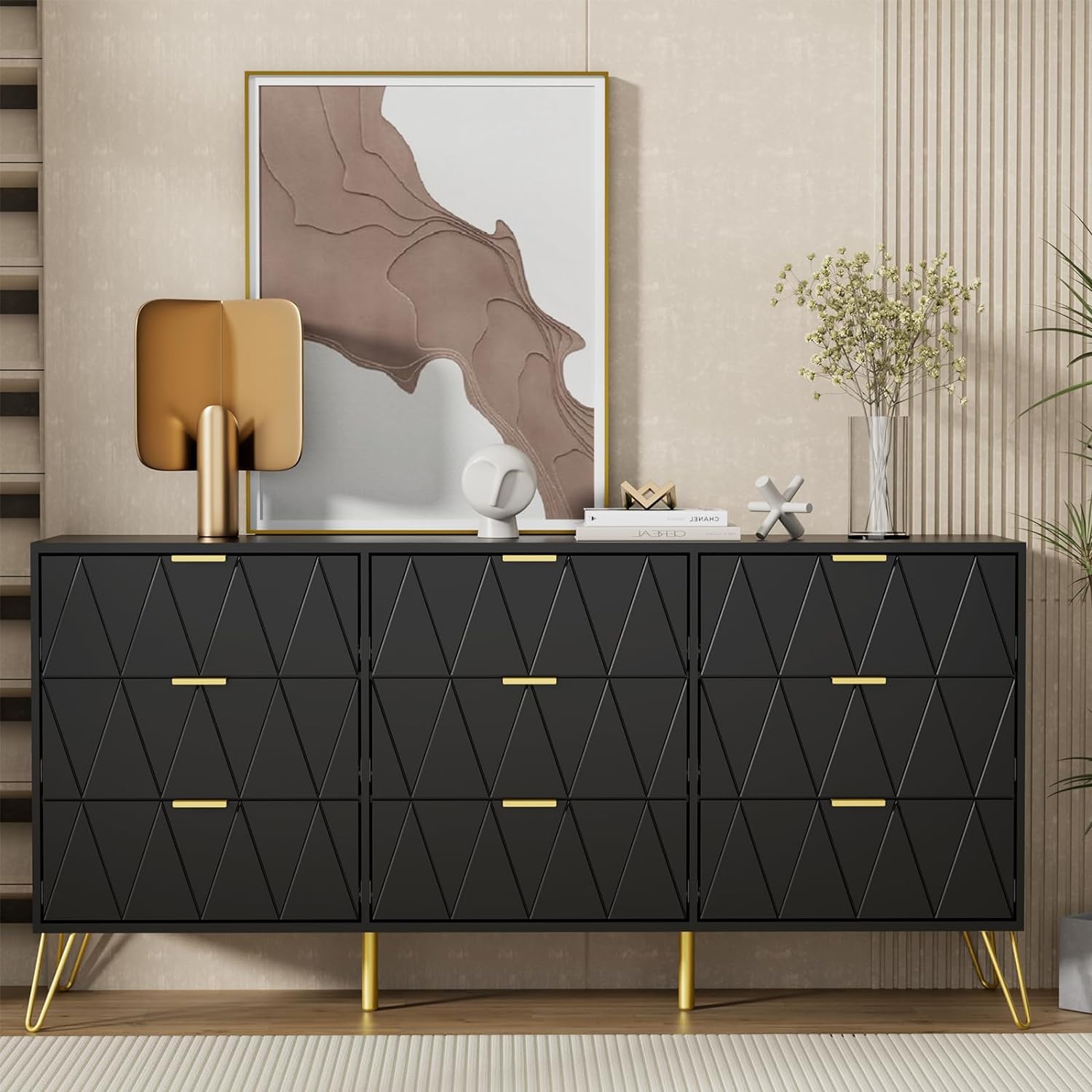 UEV Black Dresser for Bedroom,Modern 9 Drawer Triple Dresser with Gold Accents,Long Storage Dresser for TV Stand & Closet,Large Chest of Drawers for Living Room,Hallway,Entryway