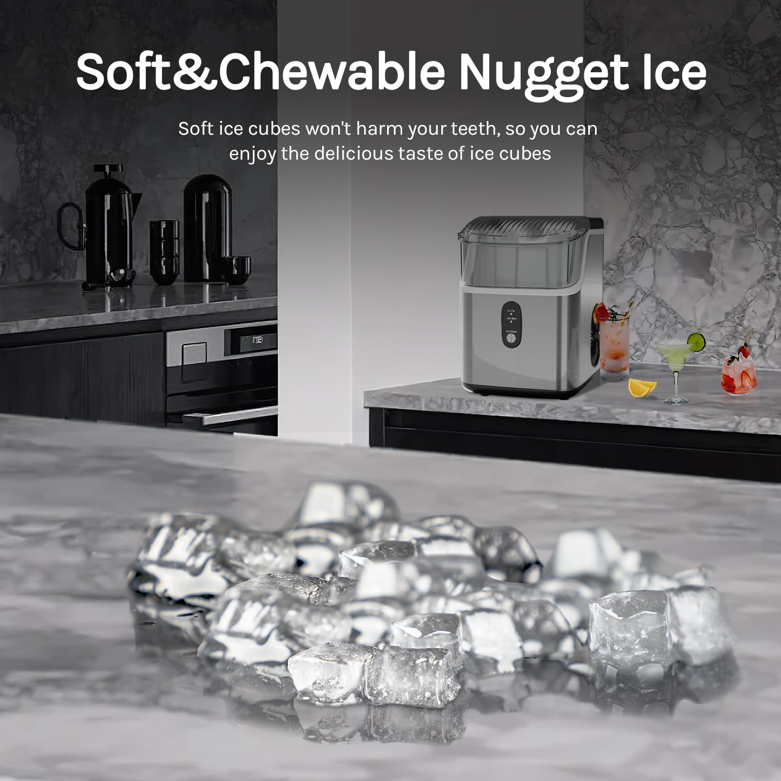 LHRIVER Nugget Ice Maker Contertop, Pebble Ice Maker Machine with Self-Cleaning, 35Lbs/24H, One-Click Operation, Sonic Ice Maker with Ice Scoop&Basket, Ideal for Home/Kitchen/Office, Stainless Steel