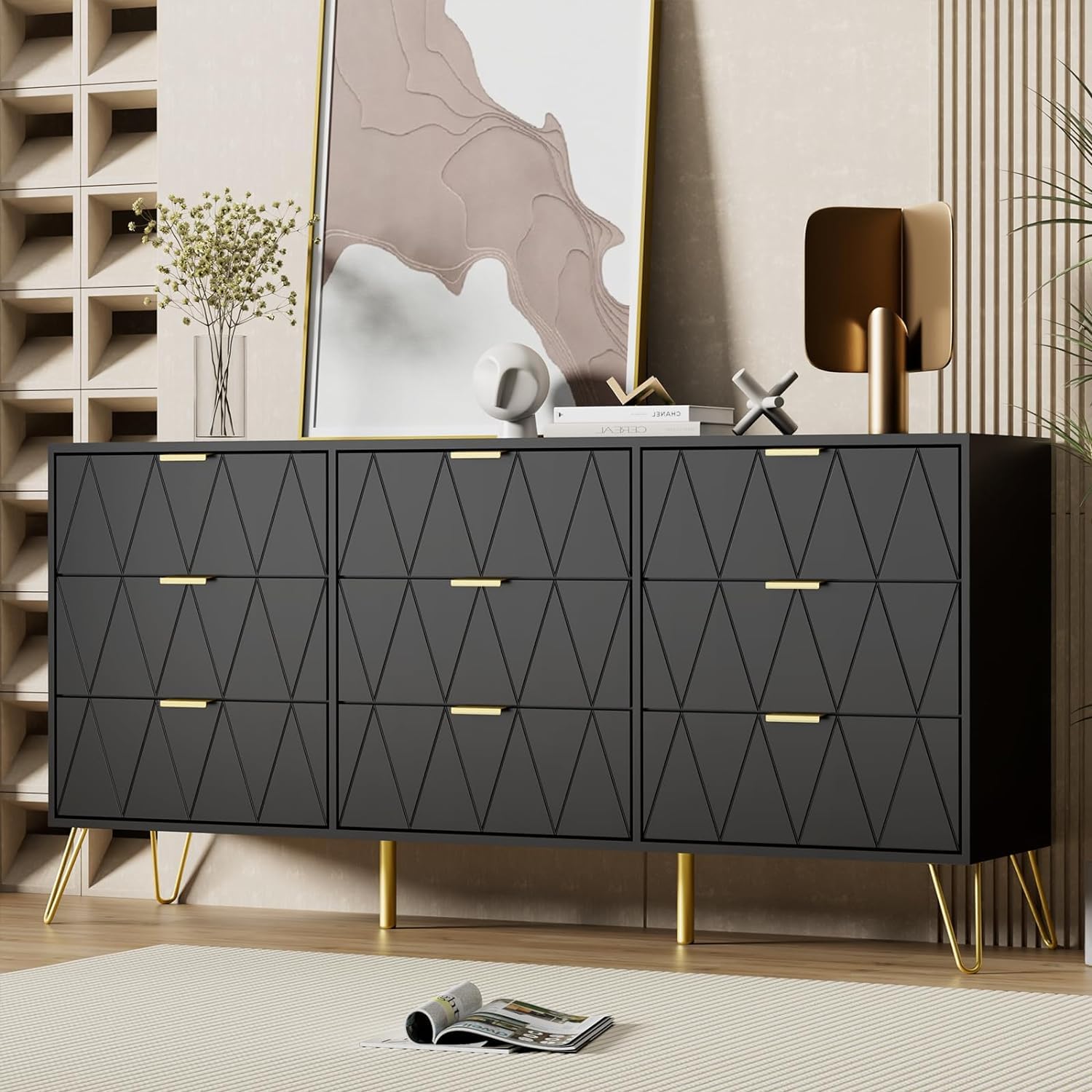 UEV Black Dresser for Bedroom,Modern 9 Drawer Triple Dresser with Gold Accents,Long Storage Dresser for TV Stand & Closet,Large Chest of Drawers for Living Room,Hallway,Entryway