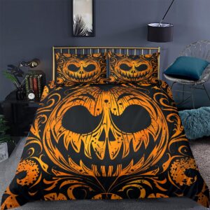 ccoutuechen demon pumpkin face duvet cover set queen size halloween duvet cover black orange bedding set horror themed comforter cover for girls 3pcs bed set with zipper closure