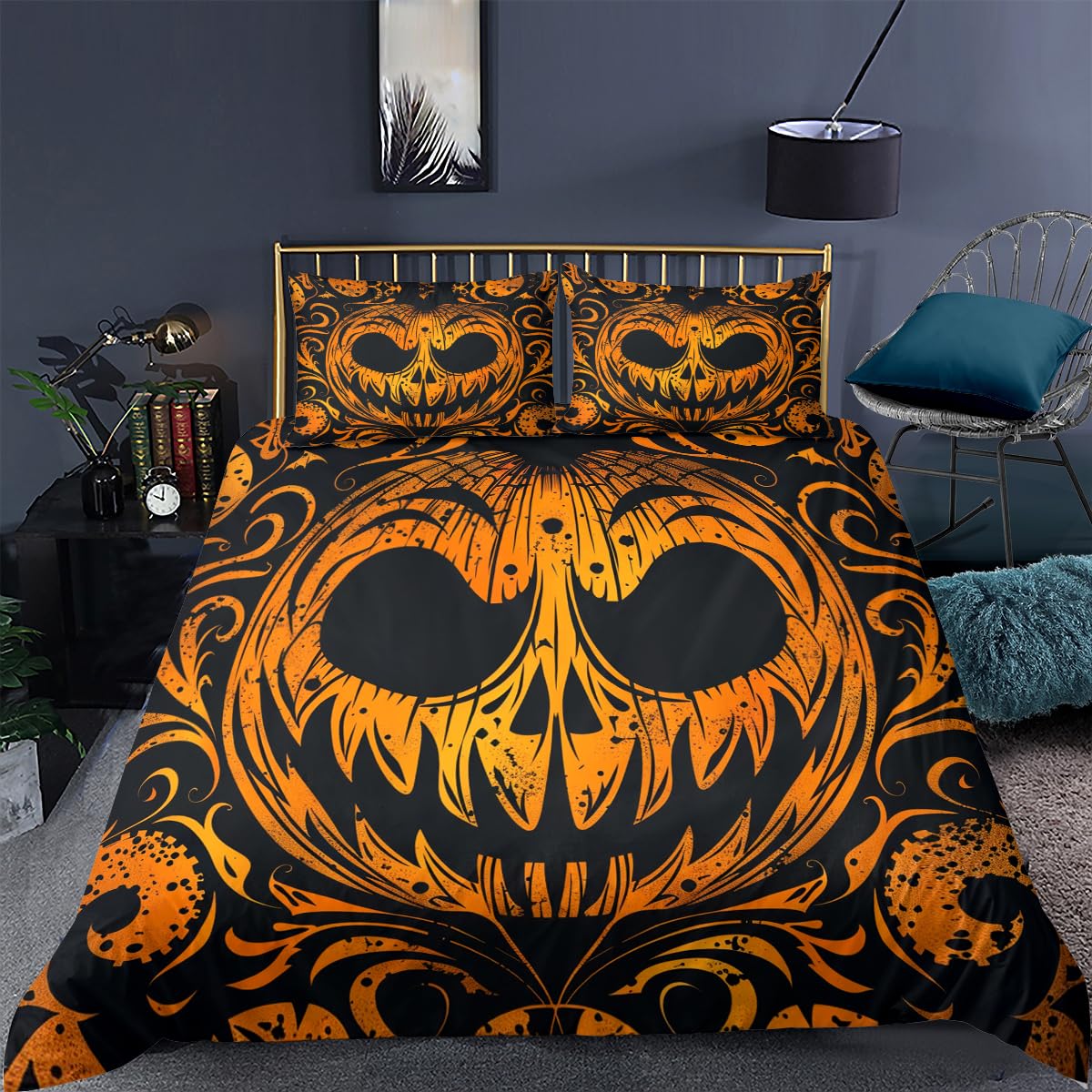 CCoutueChen Demon Pumpkin Face Duvet Cover Set Queen Size Halloween Duvet Cover Black Orange Bedding Set Horror Themed Comforter Cover for Girls 3Pcs Bed Set with Zipper Closure