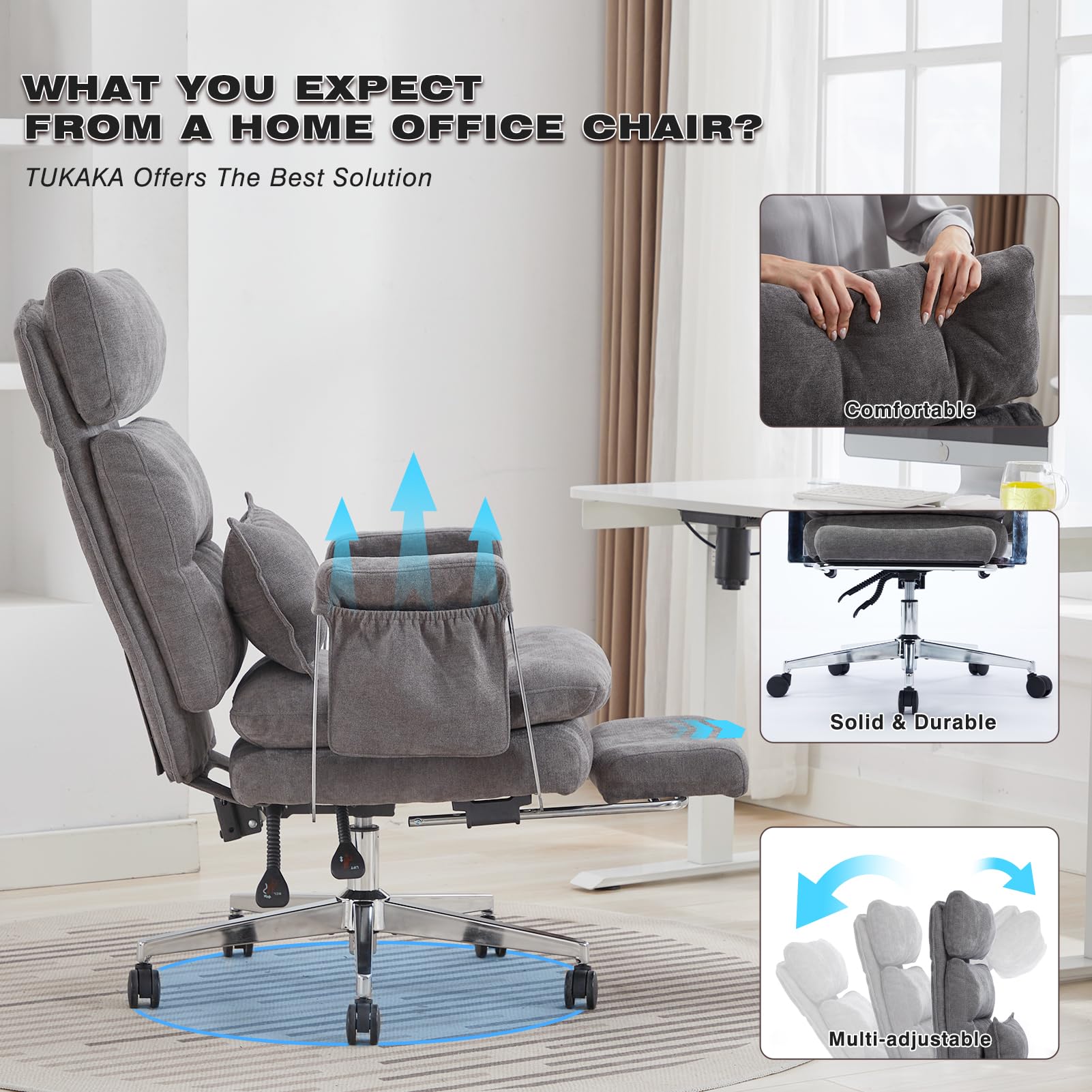 TUKAKA Big and Tall Fabric Computer Chair,Full Stainless Steel Comfy Ergonomic Home Office Chair with Foot Rest, Cute Chenille High Back Reclining Chair with Springs Cushion,Lumbar Support(Koala Gray)