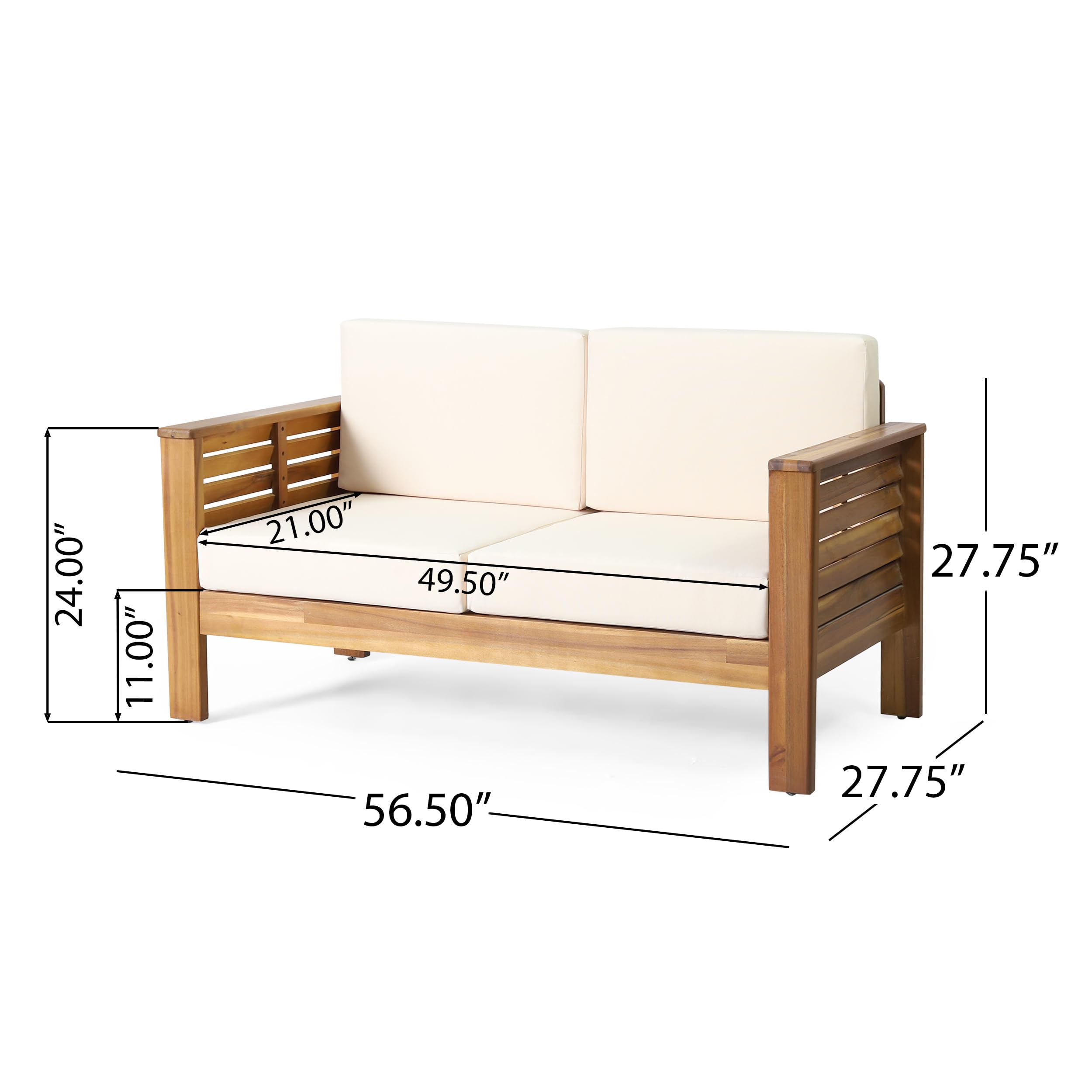 Christopher Knight Home Louver Outdoor Acacia Wood Loveseat and Coffee Table Set with Cushions, 40 "W x 20 "D x 13.75 "H, Teak + Cream