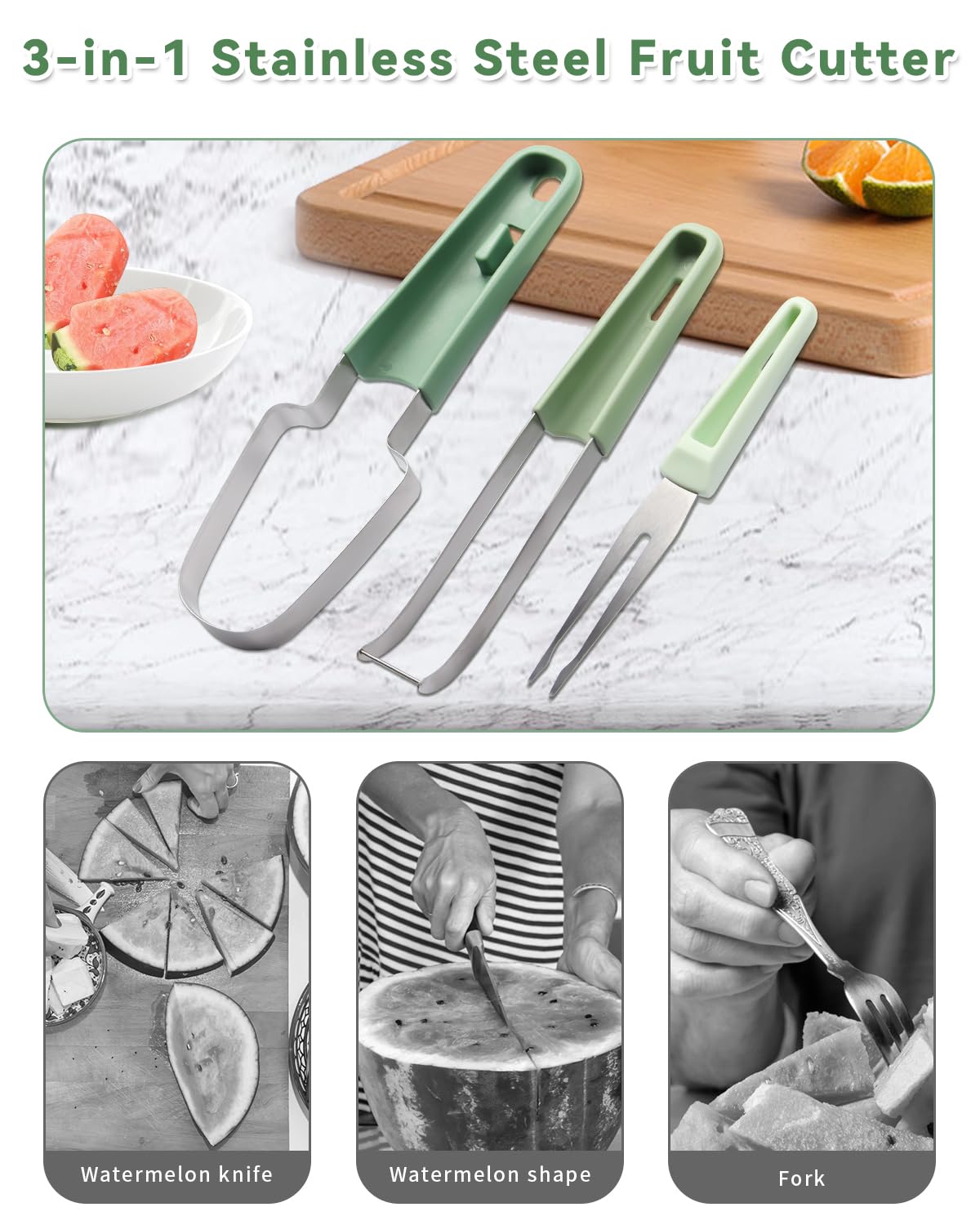 Stainless Steel 3-in-1 Watermelon Cutter Slicer Tool Portable Watermelon Popsicle Cutter Multifunctional Handheld Fruit Fork Quickly Cutting Tool Slicer Set for Home Camping Kitchen Gadgets（1PCS）