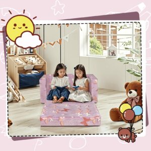 CREAWELLAY Comfy Toddler Couch Chair, Soft Chair for Kids 2 Seats, 2 in 1 Plush Fold Out Kid Sofa Chair, Convertible Sofa to Lounger Sleeper Chair for Girls and Boys, Glow Butterfly