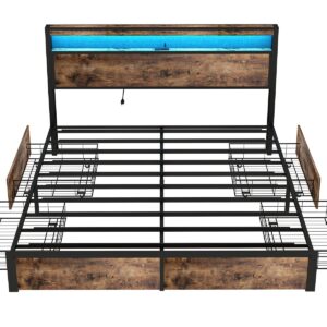 SADENICEL Queen Bed Frame with Storage Headboard and 4 Drawers, Metal Platform Bed Frame with LED Light, Charging Station, No Box Spring Needed, Noise Free, Easy Assembly, Vintage Brown