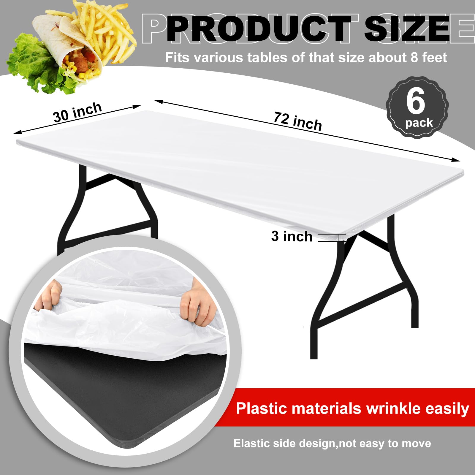 Boao 6 Pcs Disposable Plastic Tablecloth Parties Picnic Table Covers with Elastic Fitted Elastic Plastic Table Cover Rectangle Waterproof for Indoor, Outdoor, Picnic, Camping (White,72 x 30 Inch)