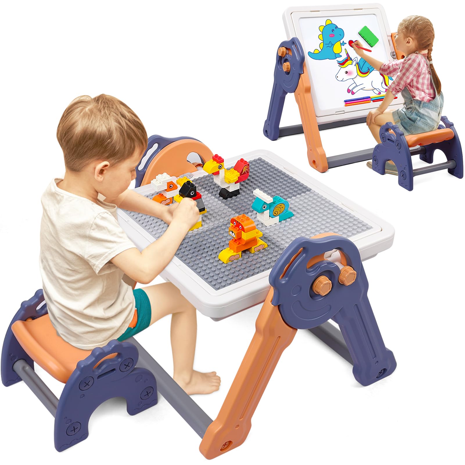 GarveeHome 8 in 1 Kids Table and Chair Set, Foldable Toddler Table and Chair Set for Kids Ages 3-10, Activity Table for Building Blocks, Drawing, Reading, Dining