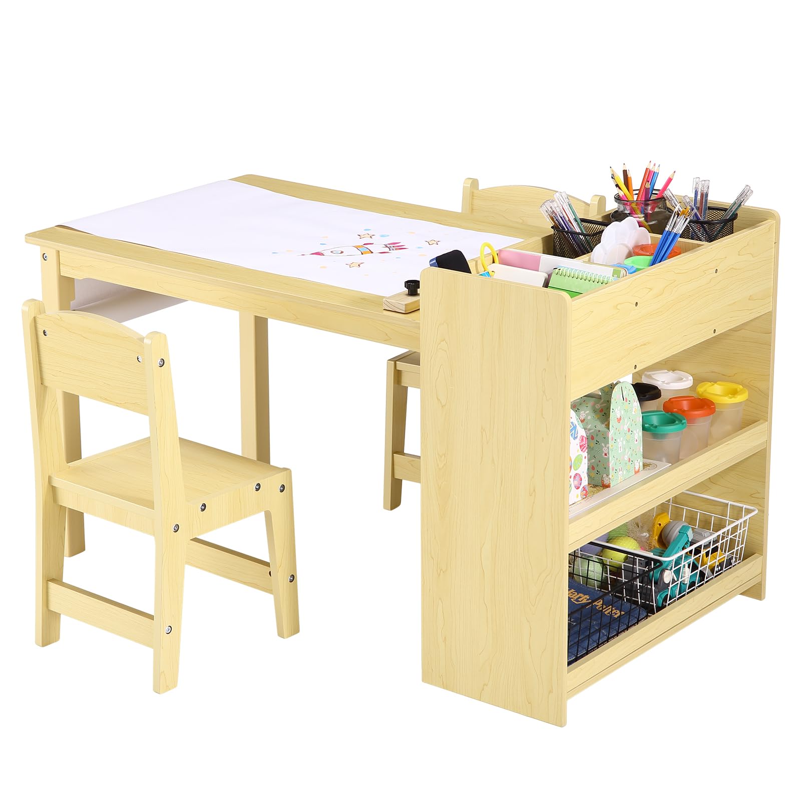 GarveeHome Kids Art Table with 2 Chairs, Toddler Craft Play Wood Activity Desk with Large Storage Shelves for Writing Drawing,Nursery, Children's Wooden Furniture for Classroom Daycares,Home