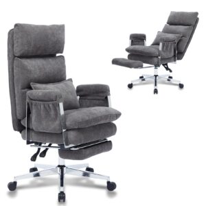 tukaka big and tall fabric computer chair,full stainless steel comfy ergonomic home office chair with foot rest, cute chenille high back reclining chair with springs cushion,lumbar support(koala gray)