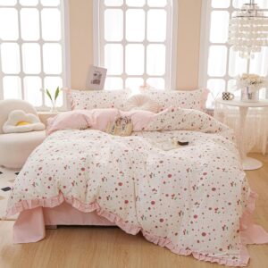 MKXI Strawberry Comforter Set Twin XL Pink White Floral Comforters Kawaii Fruits Artistic Bedding Set Princess Twin Bed Comforter with Ruffles Girls Pink Flowers Bedding Comforter Duvet Set