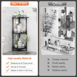 SWTYMIKI Corner Shower Caddy Standing - 3 Tier Stainless Steel Shower Organizer Stand with 4 Hooks & Soap Holder, Rustproof Metal Standing Tall Floor Shower Shelf and Bathroom Organizer, Black