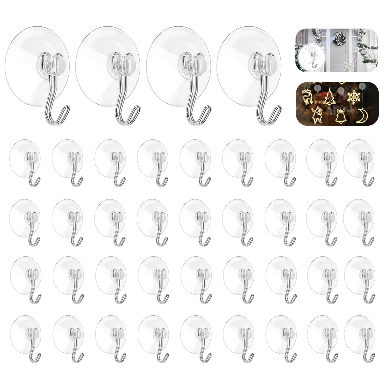 42 Pcs Suction Cups with Hooks - 1.78 inch Clear Plastic Sucker Hooks for Glass Window Wall, Utility Hooks Hangers for Christmas Festivals Parties Theme Carnival Decoration Door Bathroom Kitchen