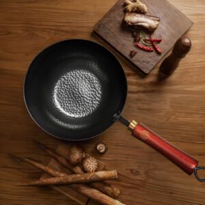 WANGYUANJI Handmade Cast Iron Wok,Non-Coated Stir Fry Pan,8.6-Inch Iron Pot with Lid and Spatula,Suitable for Home Cooking, Compatible with Induction, Gas, and Electric Ceramic Cooktops