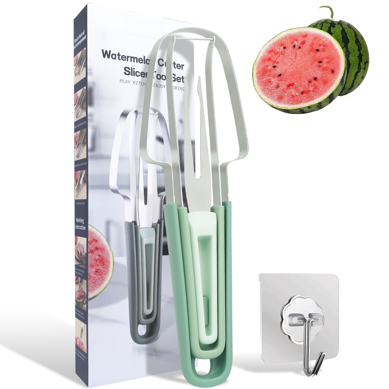 YEPVIE Watermelon Cutter Slicer Tool, 3-in-1 Stainless Steel Watermelon Fork Slicer and Popsicle Cutter with Clear Wall Hook, Portable Fruit Cutter Set for Home, Kitchen and Camping