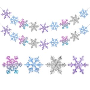 taobary 2 pack frozen snowflake banner garland frozen birthday party decorations winter snowflake banners blue purple silver glitter snowflake garland for wonderland baby shower decorations