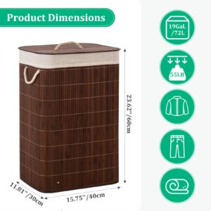 Btamree Laundry Hamper with Lid, Bamboo Laundry Basket with Handles & Removable Liner, 19 Gal (72L) Foldable Laundry Hamper for Laundry Room, Bedroom, Bathroom, Living Room (Square Brown)