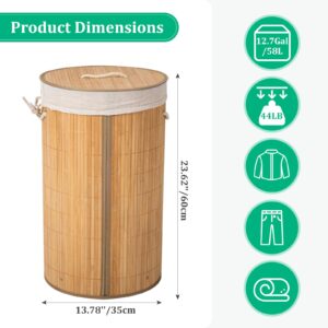 Btamree Laundry Hamper with Lid, Bamboo Laundry Basket with Handles & Removable Liner, 12.7 Gal (58L) Foldable Laundry Hamper for Laundry Room, Bedroom, Bathroom, Living Room (Round Natural)