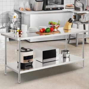 VEVOR Stainless Steel Prep Table, 30 x 72 x 34 Inch, 920 lbs Load Capacity, Heavy Duty Metal Worktable with 3 Adjustable Height Levels, Commercial Workstation for Kitchen Garage Restaurant Backyard