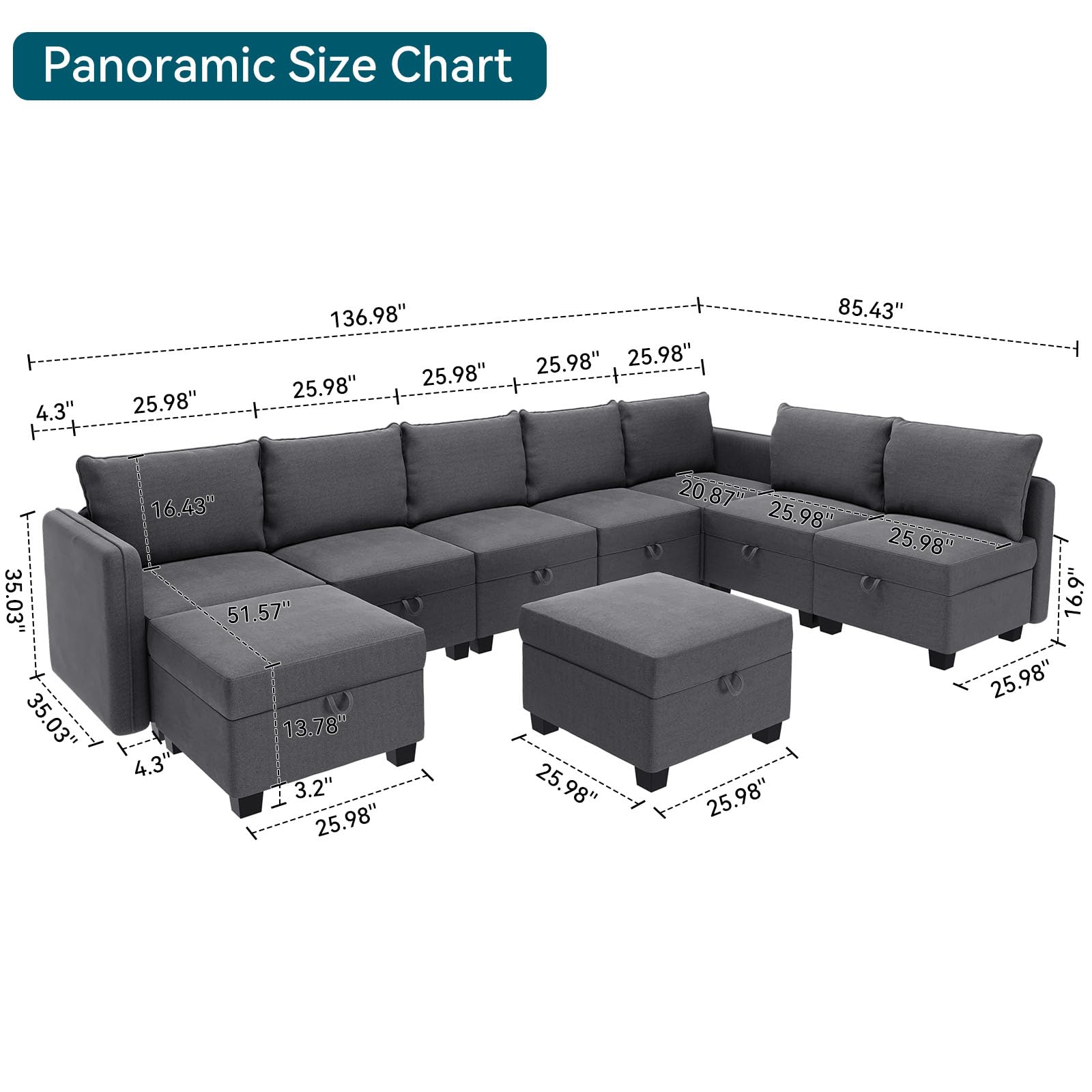 IDEALHOUSE Sectional Sofa with Storage Seat, 9 Seat U Shaped Couches for Living Room - Ice-Velvet Fabric Modular Sectional Couch Soft Sponges & High Supportive Sofa Couch with 2 Ottomans