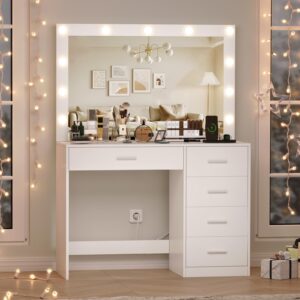 Irontar Vanity Desk with Charging Station, Makeup Table with Large Mirror, Makeup Vanity with Lights, Brightness Adjustable, Dressing Table Desk with 5 Drawers, Bedroom Vanity Table, White WDT010W