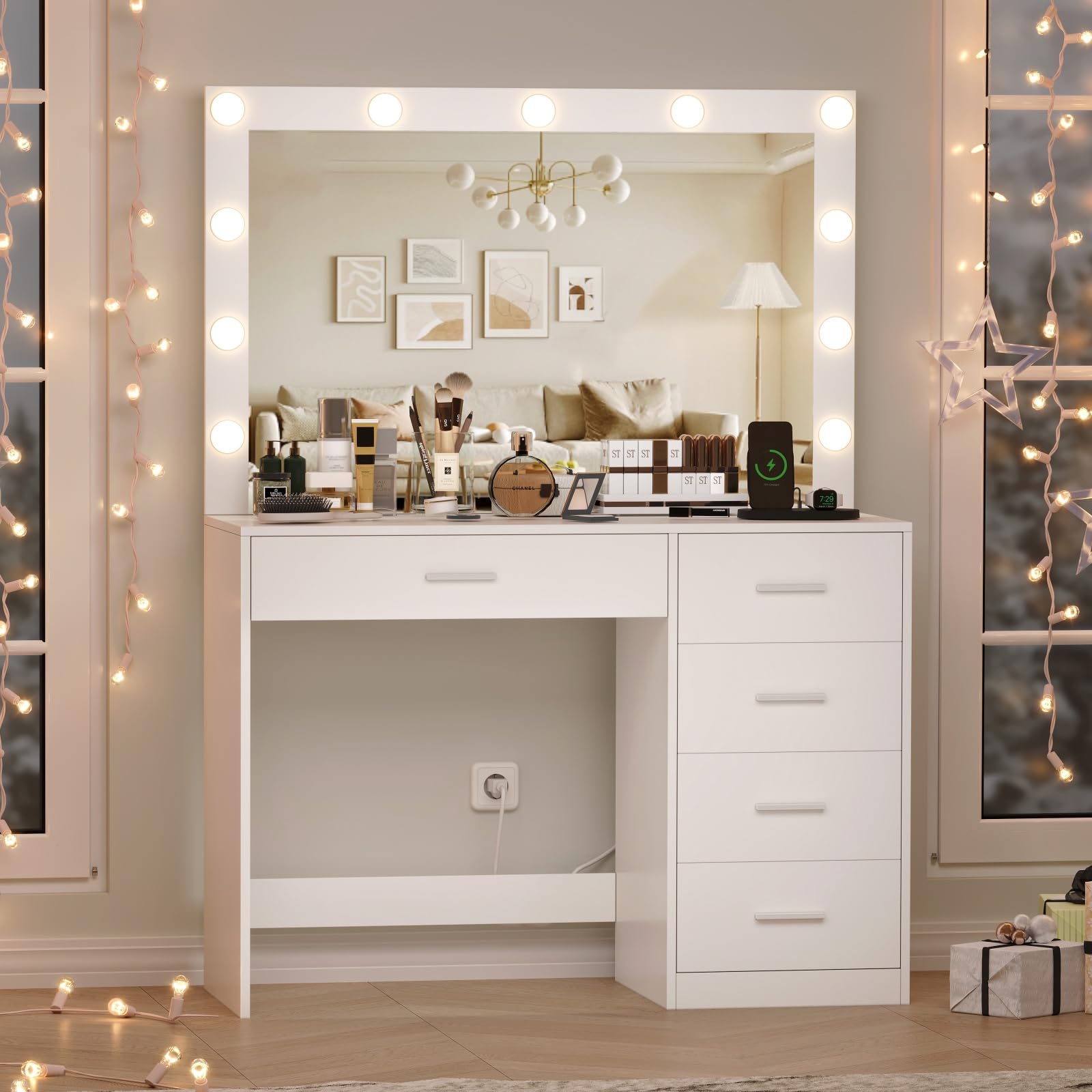 Irontar Vanity Desk with Charging Station, Makeup Table with Large Mirror, Makeup Vanity with Lights, Brightness Adjustable, Dressing Table Desk with 5 Drawers, Bedroom Vanity Table, White WDT010W