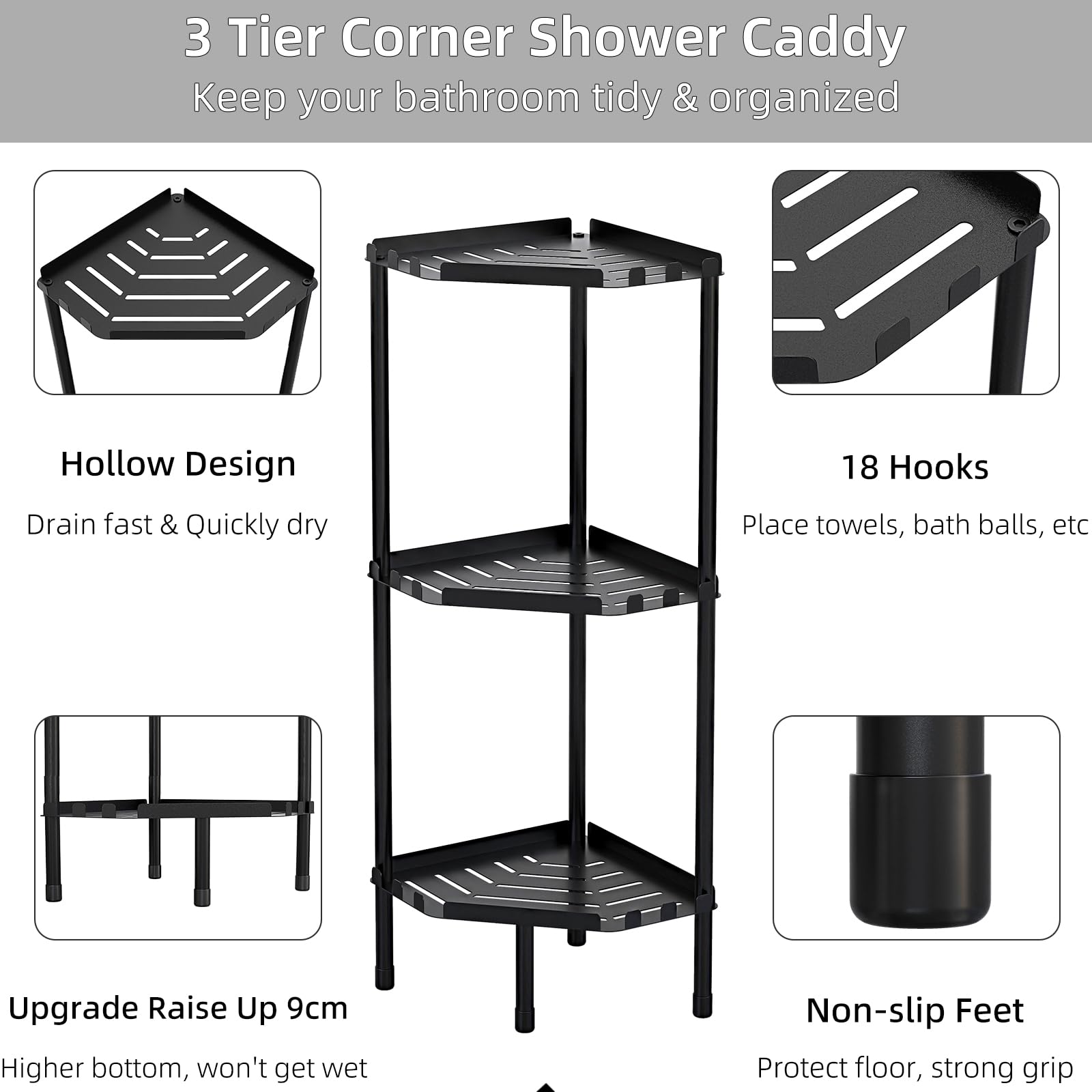 Corner Shower Caddy Standing, 3 Tier Shower Organizer Stand with 18 Hooks for Bathroom, Metal Corner Shower Shelf for Inside Shower, Bathtub, Floor Shower Shelves Rack Hang Towels, Matte Black