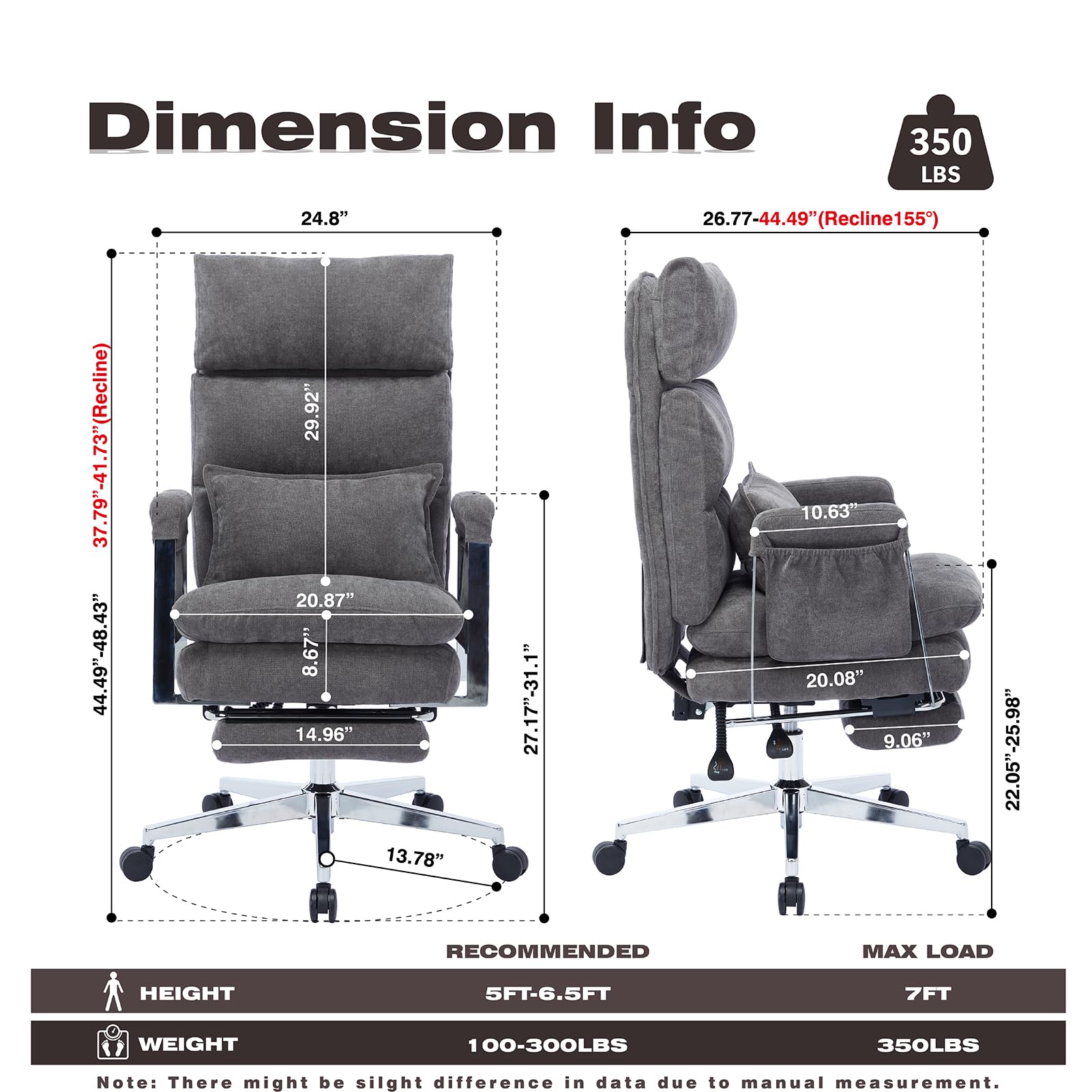 TUKAKA Big and Tall Fabric Computer Chair,Full Stainless Steel Comfy Ergonomic Home Office Chair with Foot Rest, Cute Chenille High Back Reclining Chair with Springs Cushion,Lumbar Support(Koala Gray)