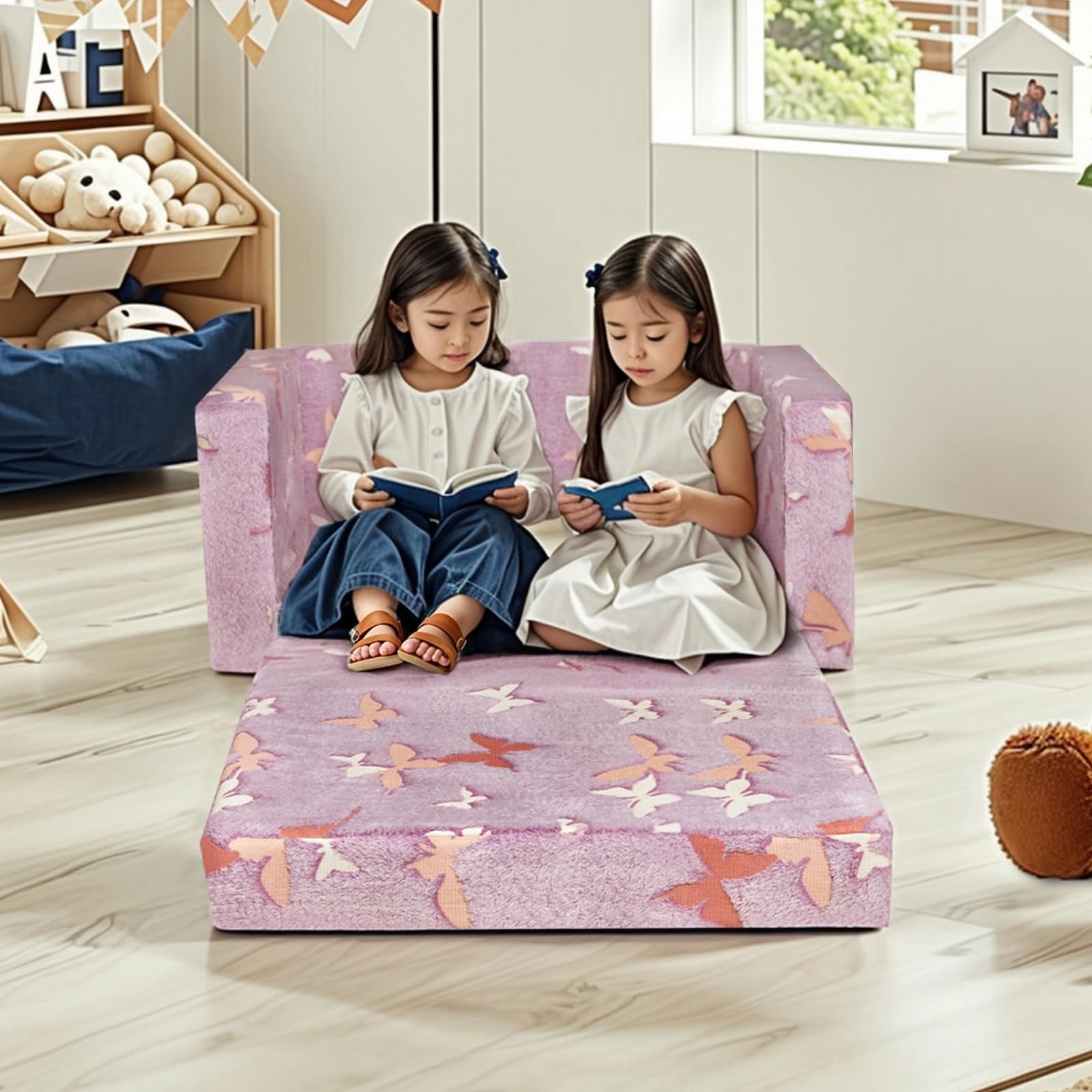 CREAWELLAY Comfy Toddler Couch Chair, Soft Chair for Kids 2 Seats, 2 in 1 Plush Fold Out Kid Sofa Chair, Convertible Sofa to Lounger Sleeper Chair for Girls and Boys, Glow Butterfly