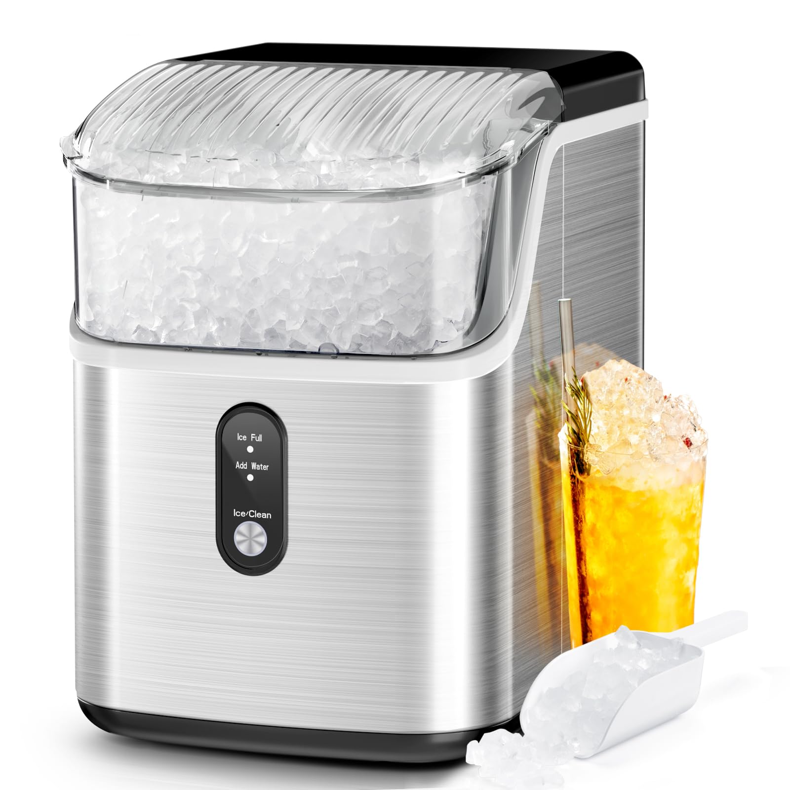 LHRIVER Nugget Ice Maker Contertop, Pebble Ice Maker Machine with Self-Cleaning, 35Lbs/24H, One-Click Operation, Sonic Ice Maker with Ice Scoop&Basket, Ideal for Home/Kitchen/Office, Stainless Steel