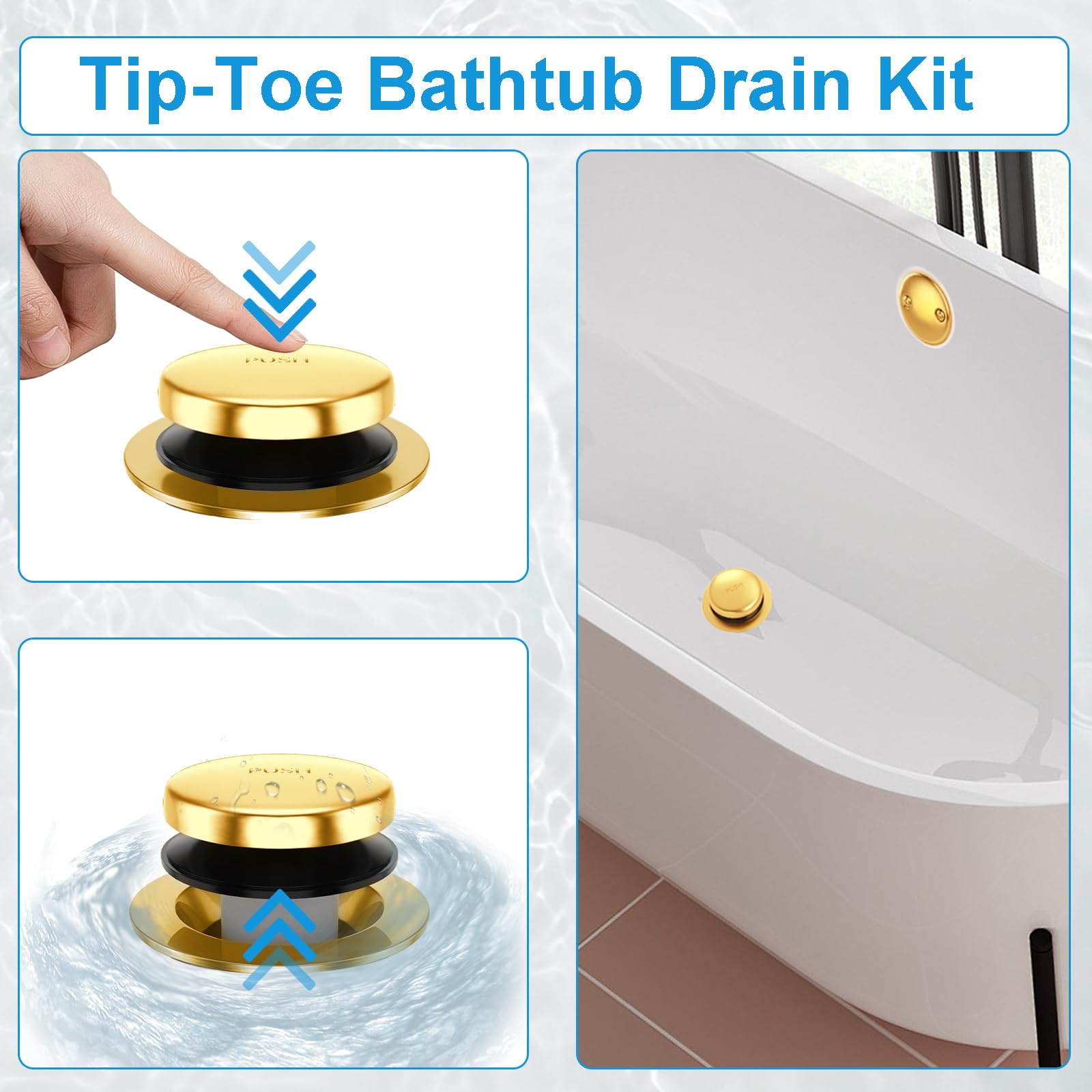 Bathtub Drain Kit Tub Drain Kit - Copper Tip-Toe Bath Tub Drain and Overflow Kit, Universal Bathtub Drain Stopper with Two-Hole Overflow Cover Plate, Brushed Gold