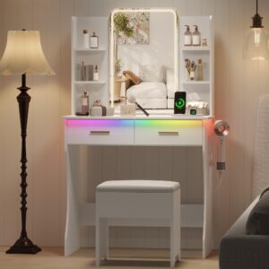 Small Vanity Desk with Mirror and Lights, Makeup Vanity Mirror with Lights Desk and Chair & 6 Shelves Compact White Vanity Mirror with RGB LED Lights 3 Lighting Adjustable Dressing Table for Women